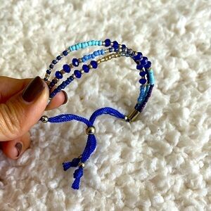 𝅺MULTI Strand, Beaded Bracelet in BLUE, adjustable, glass and Swarovski crystals